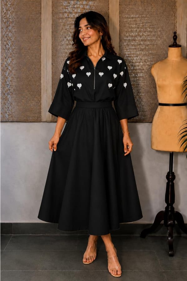 Black Heart Print Top and Midi Skirt Co-ord Set — Design By Queen Bee