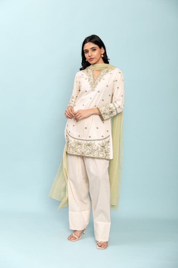 Ivory Short Kurta Set with Green Placement Embroidery — LABEL NAARITI