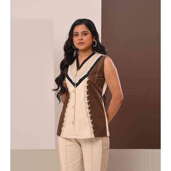 Brown V-Neck Lace-Up Top — Veera Wear