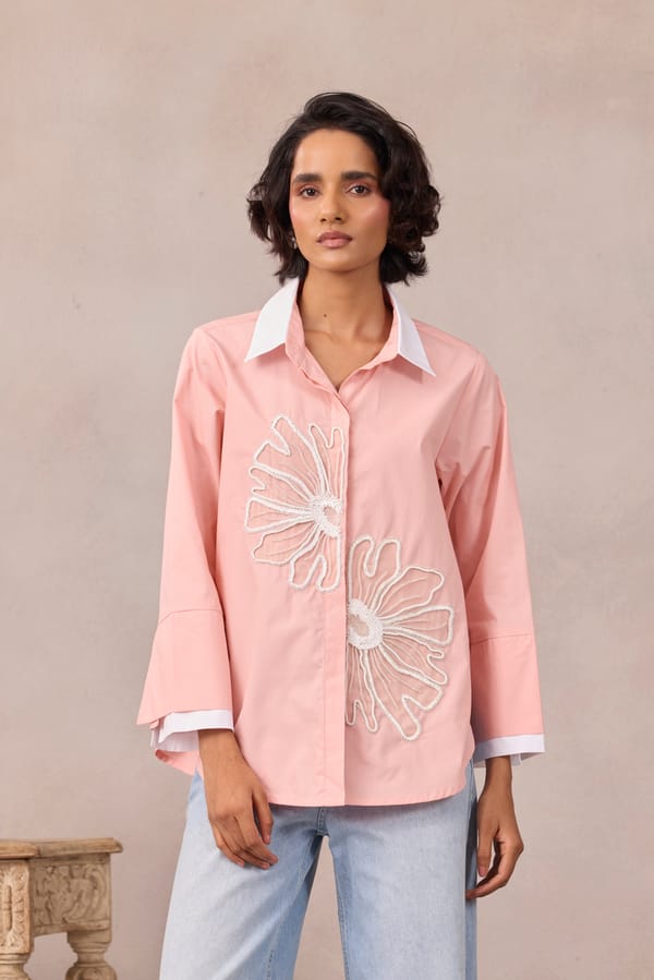 Beige Applique Button-Down Shirt with Contrast Collar — 63East