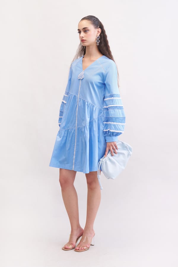 Blueberry Cotton Twill A-Line Mini Dress with Balloon Sleeves — Our Love
