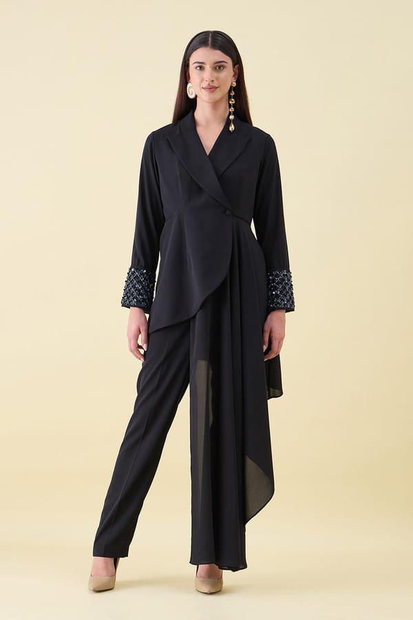 Black Metal Embellished Draped Blazer Set — Aakaar