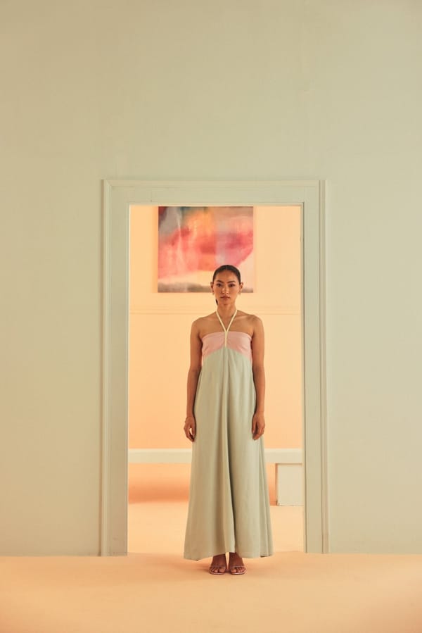 Pastel Colorblock Halter Neck Linen Lyocell Maxi Dress — Sage by Mala