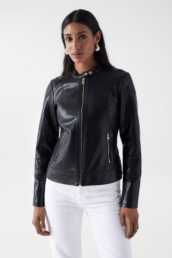 Black Leather-Effect Slim Fit Zip-Up Jacket — SALSA JEANS