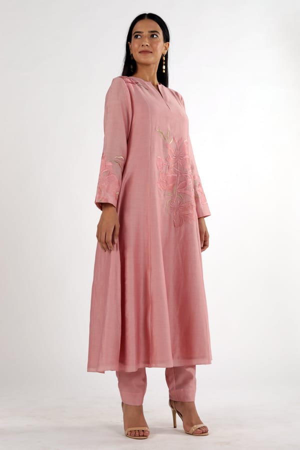 Blush Pink Panelled A-Line Embroidered Kurta Set — Madder Much