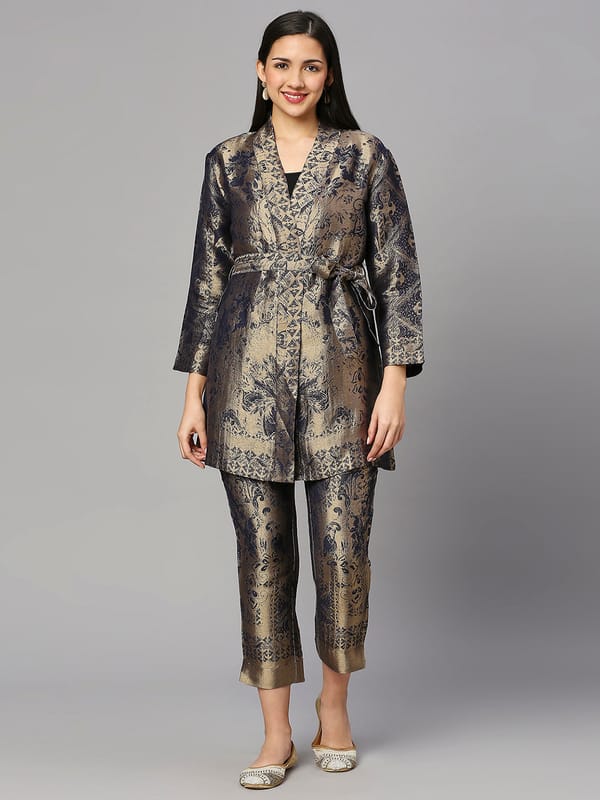 Navy/Gold Metallic Jacquard Cigarette Trousers — Cloth Haus