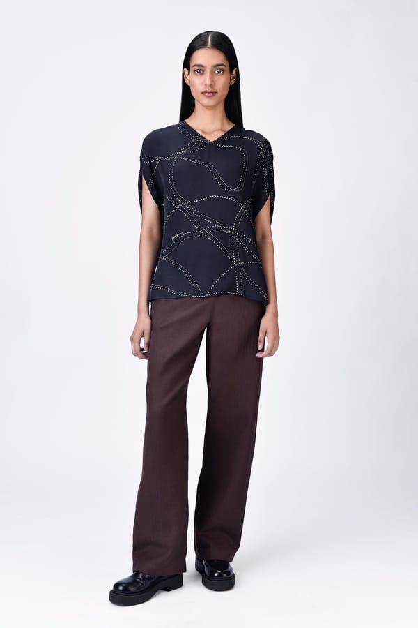 Black Viscose Satin Abstract Print V-Neck Top — Genes Lecoanet Hemant