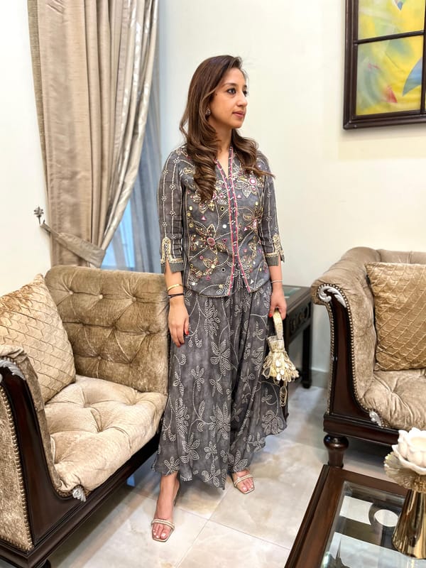 Grey Bandhani Embroidered Co-ord Set with Drape Pants — BUMBLEBEE