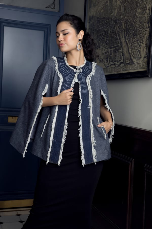 Denim Blue Herringbone Cape with Fringe Trim — Rhe-Ana