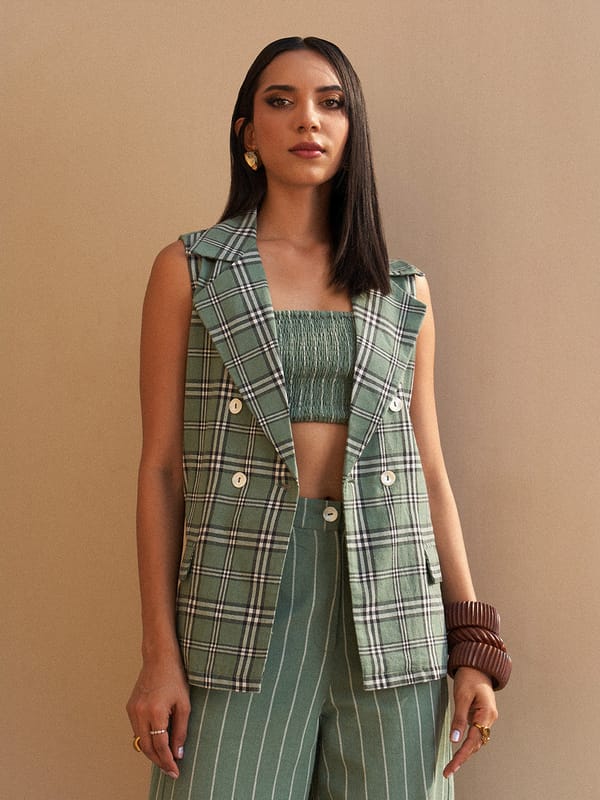 Green Plaid 3-Piece Co-ord Set with Wide-Leg Pants — HOUSE OF FETT