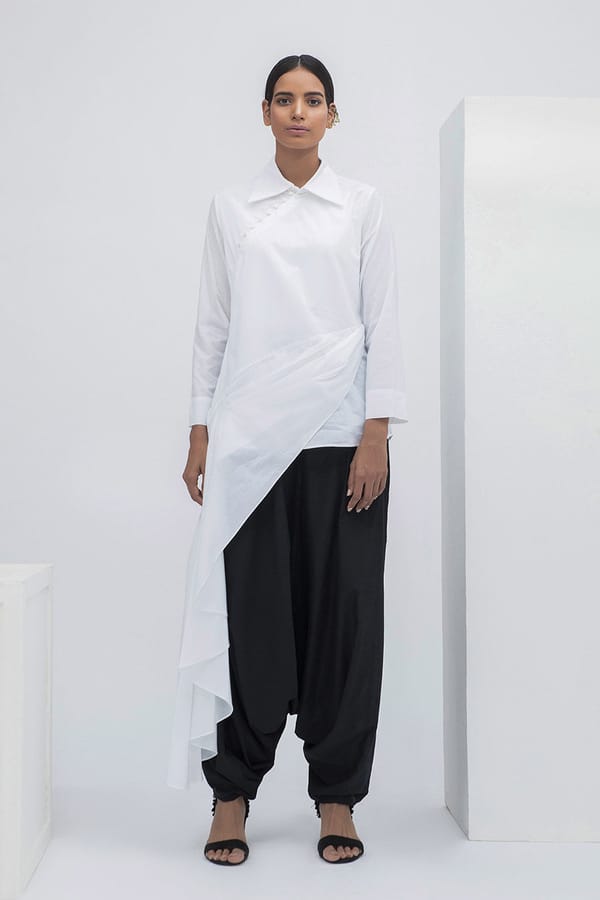 White Cotton Waterfall Drape Tunic Kurta — Aakaar