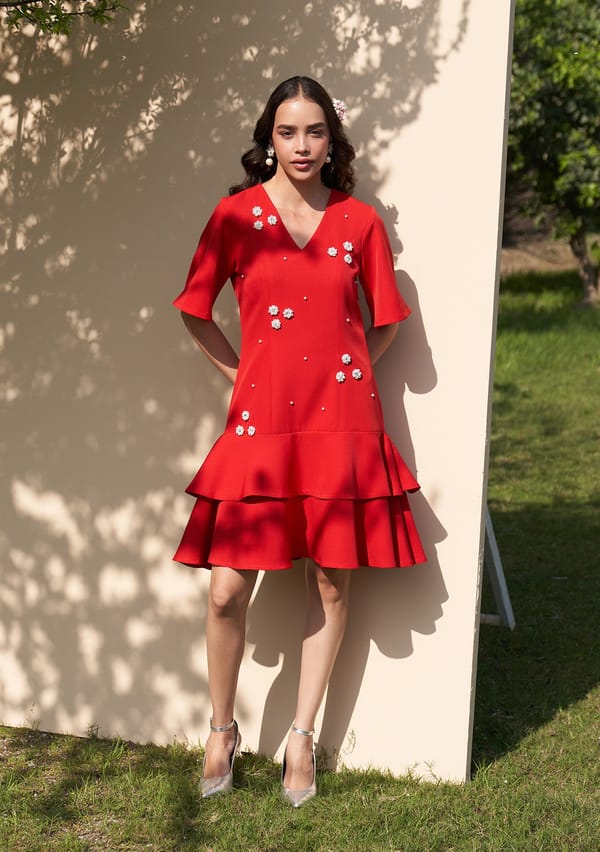 Red Crepe Mini Dress with Pearl Embellishments — AMOSHI