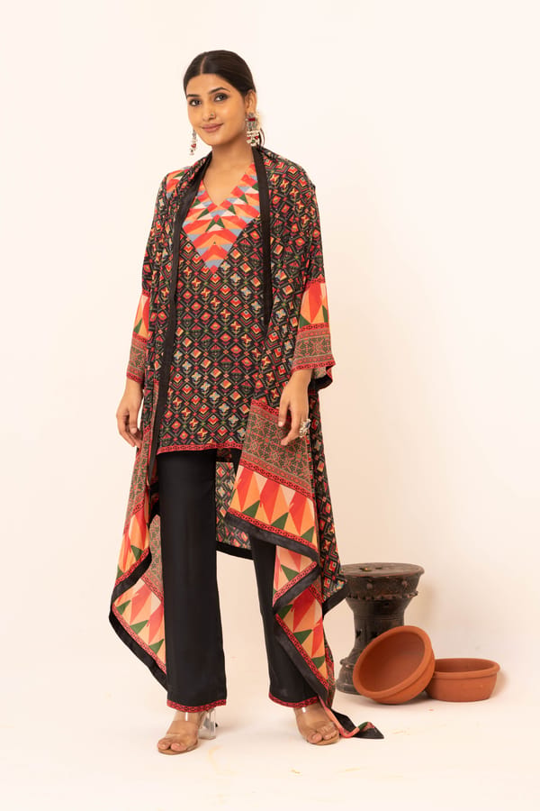 Black Printed Tunic, Pants and Cape Co-ord Set — NEETIKA CHOPRA