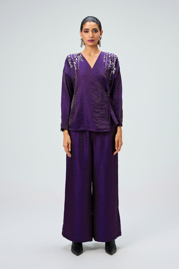 Violet Wrap Top and Wide-Leg Pants Co-ord Set — KOR