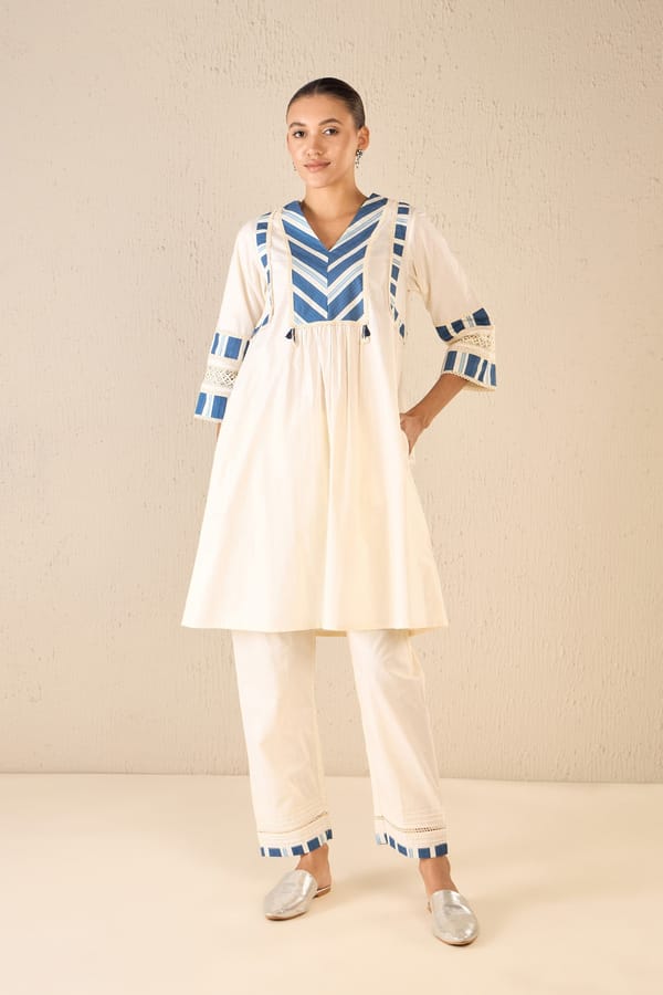Meadow Stripes: Ivory Blue Stripe Cape — SHIVANI BHARGAVA