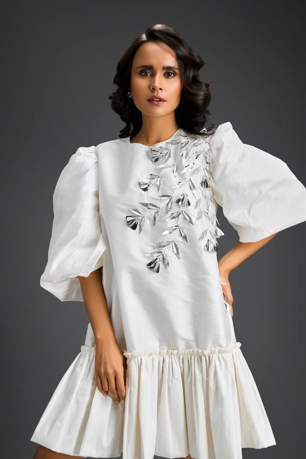White Puffed Sleeve Cut-Out Embroidered Dress — Deepika Arora