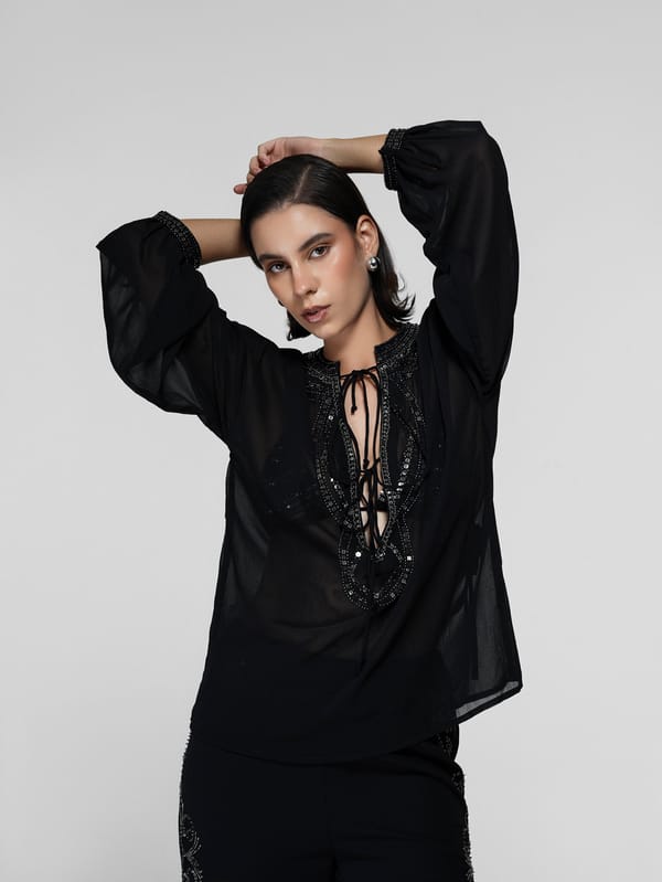 Black Sheer Bead-Embroidered Balloon Sleeve Top — The Clothing Factory