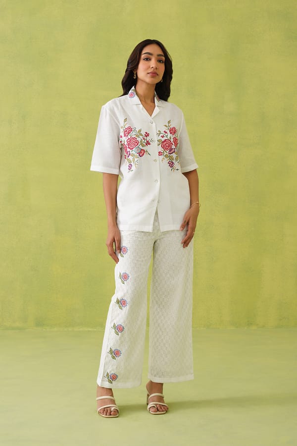 Cream Embroidered Shirt and Wide-Leg Pants Co-ord Set — INCHING INDIA