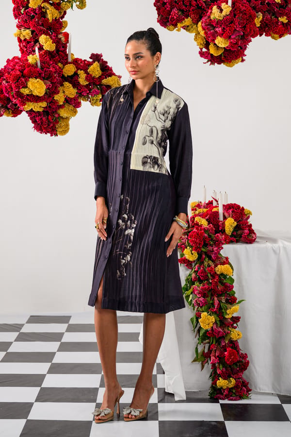 Black Midi Shirt Dress with Contrast Floral Panel — The Dramebaaz Company