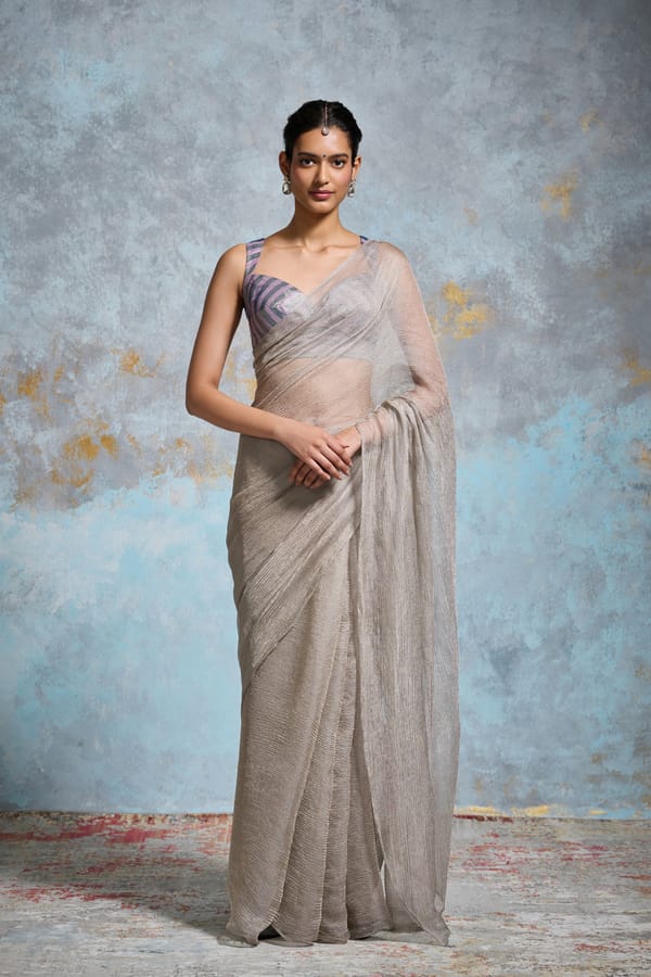 Silver/Grey Crinkle Tissue Saree with Beaded Pallu — Dressfolk