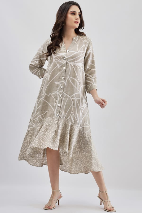 Beige Linen Printed Midi Shirt Dress with Button Front — Linen Bloom