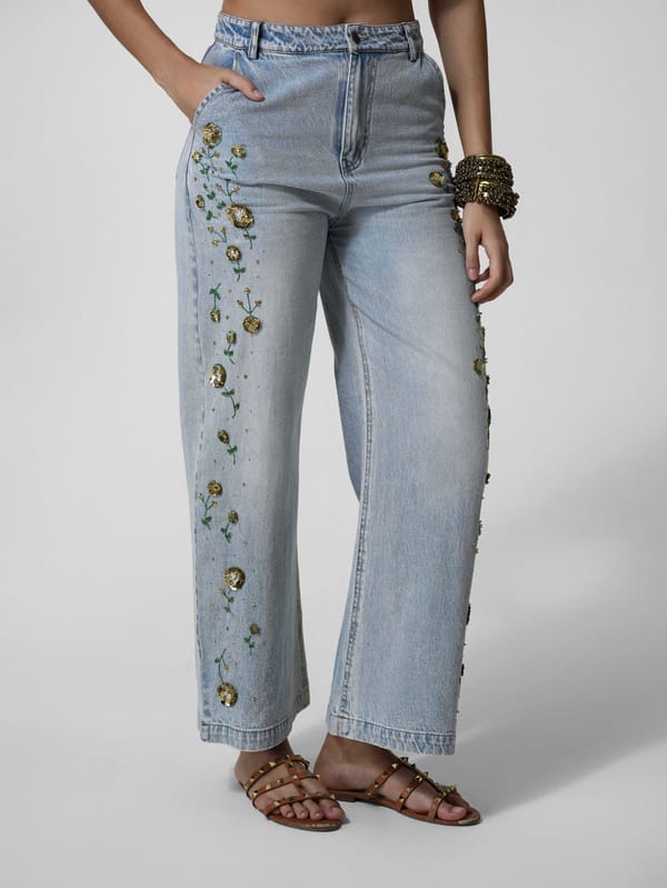 Floral Side-Embroidered Wide-Leg Jeans — The Clothing Factory
