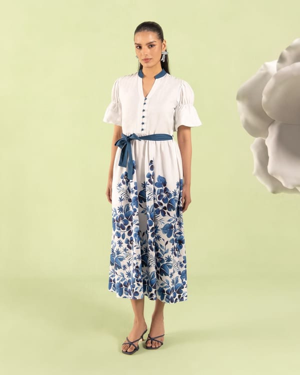 Blue/White Floral Midi Shirt Dress with Tie Belt — ZAZU