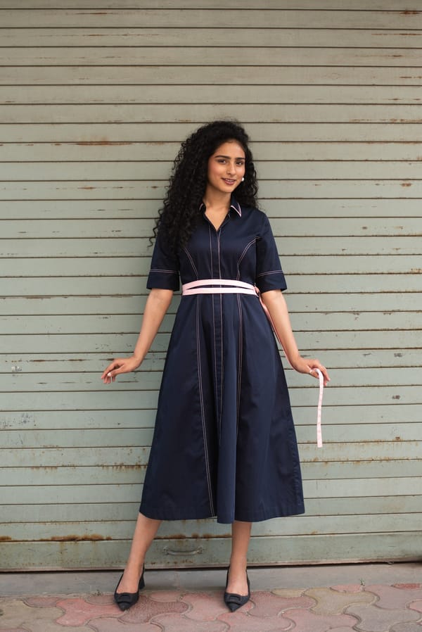 Navy Blue Cotton Satin Belted Midi Shirt Dress — Escape By Aishwarya