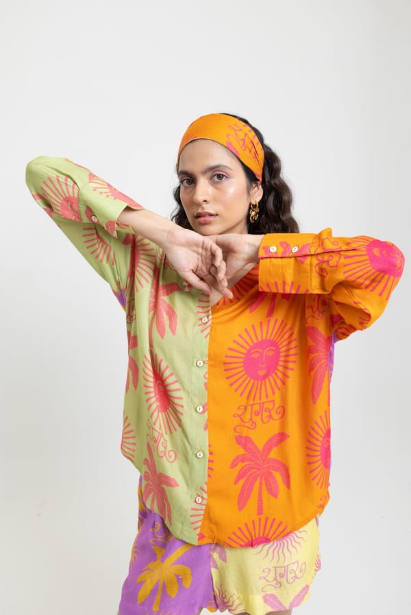 Multicolor Colorblocked Graphic Print Button-Up Shirt — Label Sugar