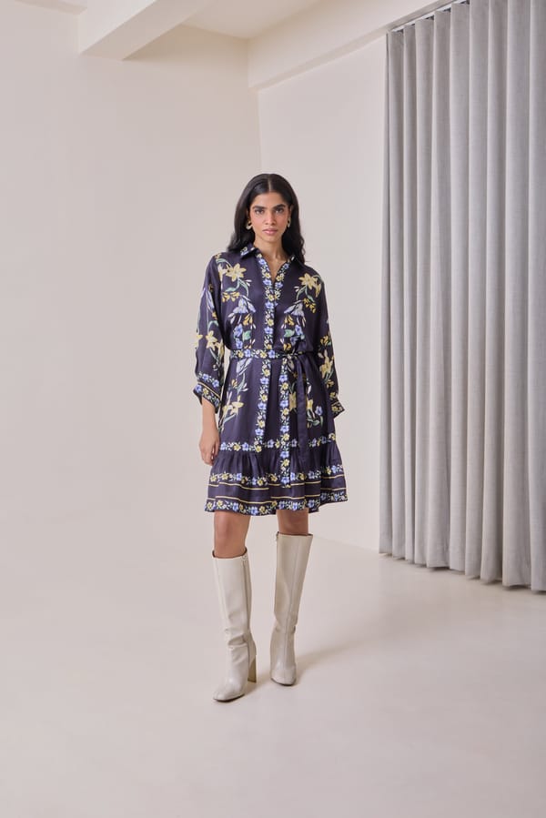 Navy Floral Linen Satin Shirt Dress with Waist Tie — Needle Ten