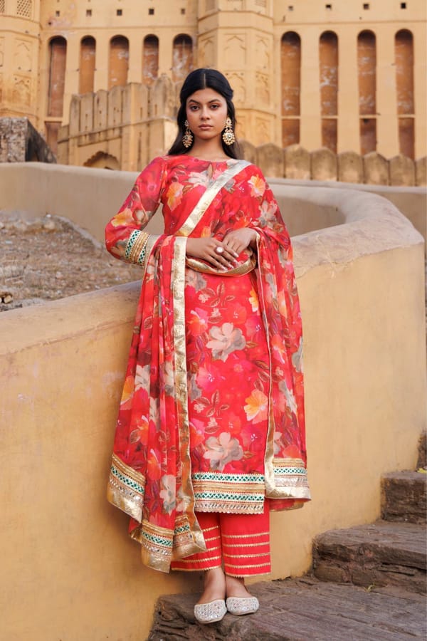 Coral Floral Printed Chanderi Kurta Set — Bannhi by Priyanka Rathore