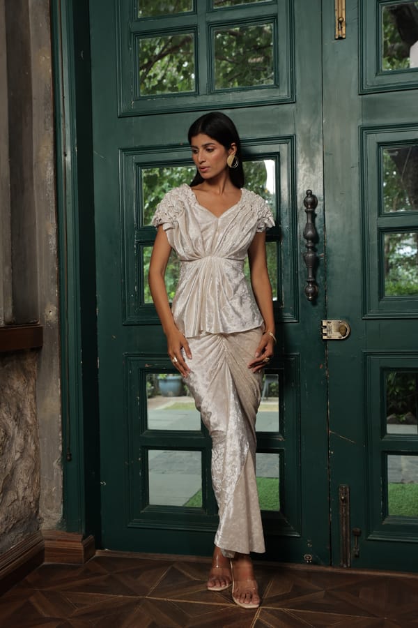 Essence Noir Velvet Sleeveless Shoulder Smocked — Isha Sawhney