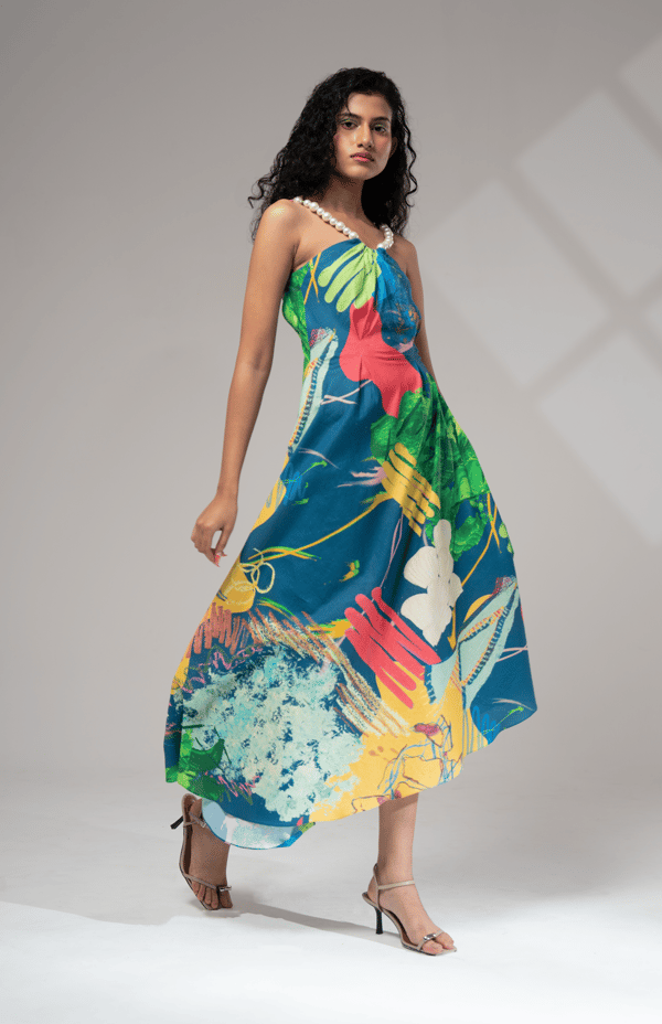 Multicolour Abstract Print Asymmetrical Midi Dress — ADVAIT