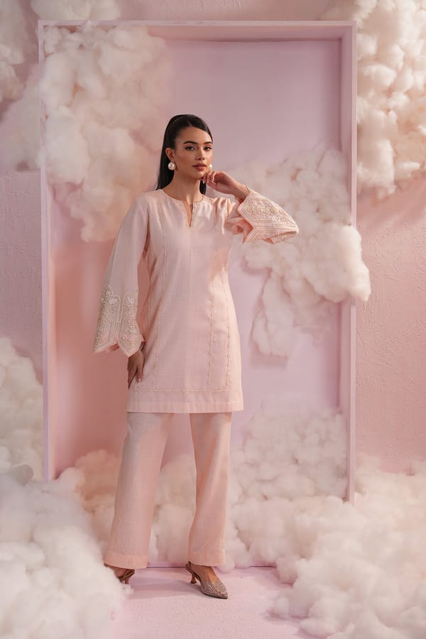 Baby Pink Pearl Embroidered Kurta and Flared Pant Co-ord Set — Simar Tuli