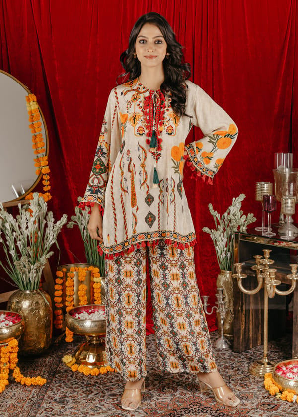 Beige and Orange Printed Tunic and Pants Co-ord Set — Chakkraa