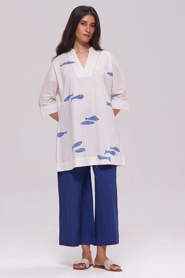 Off White and Blue Printed Cotton Co-ord Set — Ganga Fashions Pvt Ltd