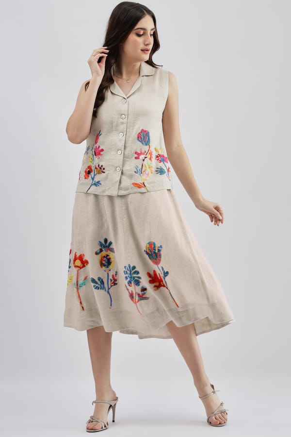 Beige Linen A-Line Midi Skirt with Floral Embroidery — Linen Bloom