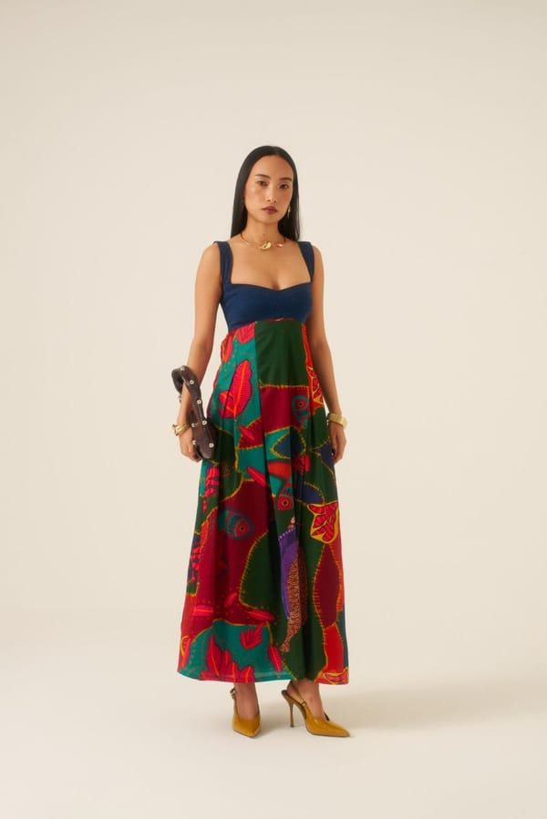 Multicolor Fit and Flare Maxi Dress with Denim Bodice — ANANYA AGARWAL