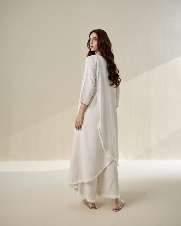Natural Linen A-Line Kurta Set with Overlapped Back — AUR