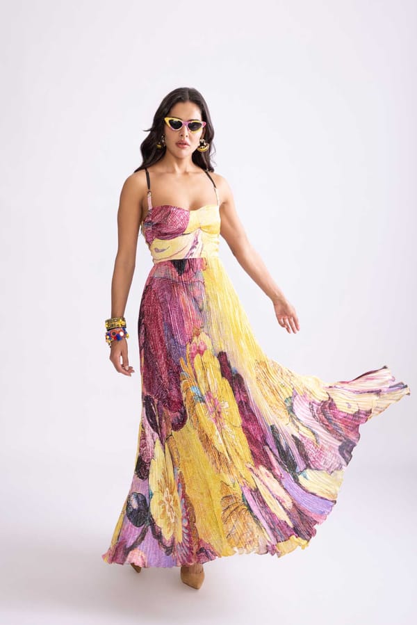 Yellow/Purple Daisy Print Micro-Pleated Maxi Dress — Saaksha and Kinni