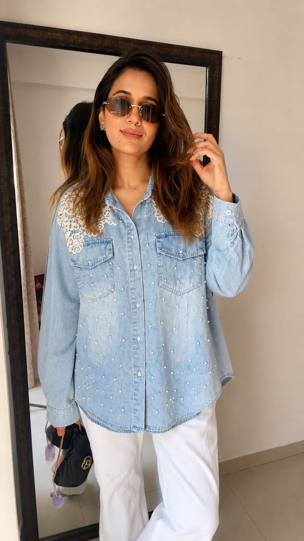 Pearl Detail Lace Denim Shirt — CLOSET AFFAIR