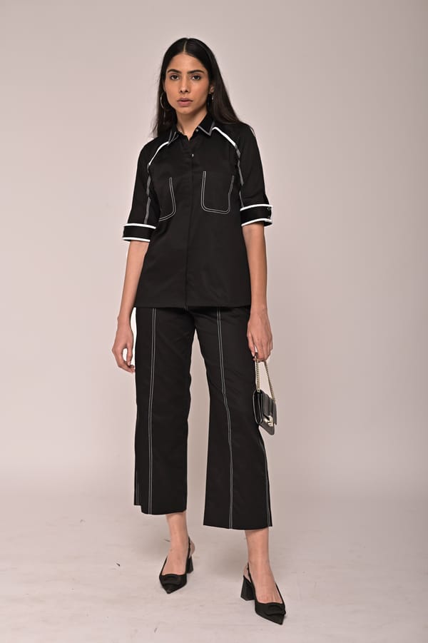 Black Cotton Satin Shirt and Pants Co-ord Set — Escape By Aishwarya