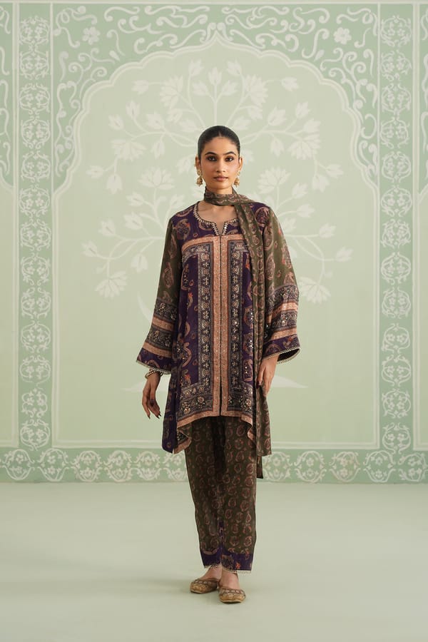 Green and Purple Printed Embroidered Kurta Set — NEETIKA CHOPRA