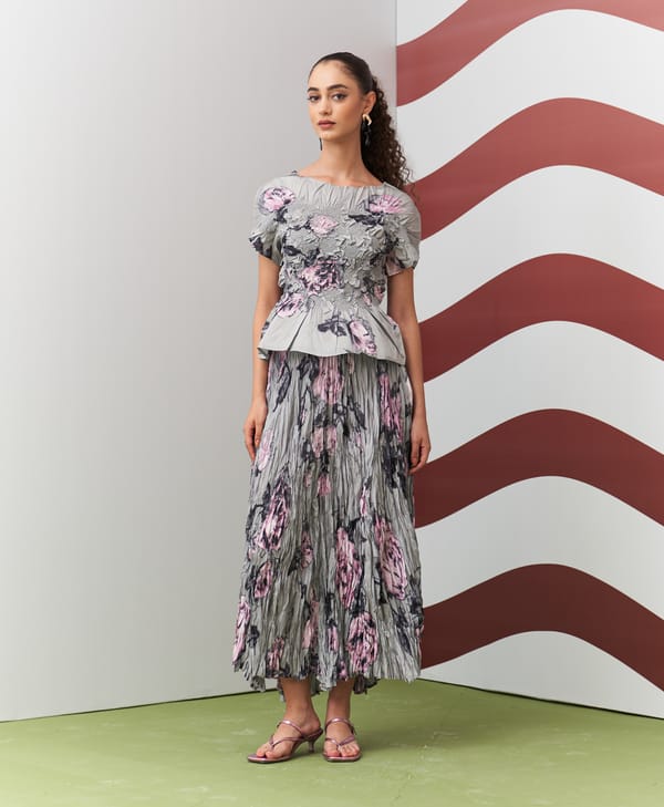 Grey Floral Printed Top and Pleated Maxi Skirt Co-ord Set — Pleats by Aruni