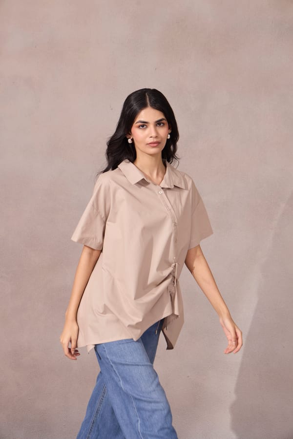 Ginger Beige Asymmetric Drawstring Cotton Poplin Shirt — 63East