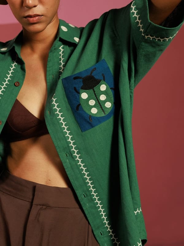 Green Oversized Linen Shirt with Embroidered Pocket Patch — Winglore Studio