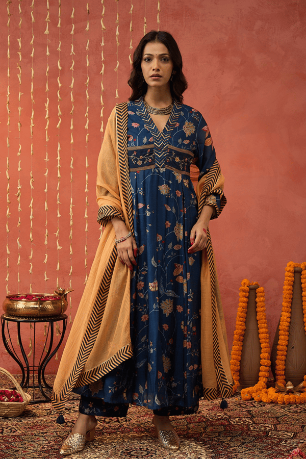Bela- Blue Chintz Embroidered Anarkali Set — SHIVANI BHARGAVA