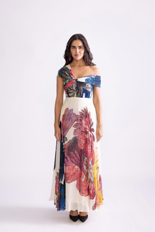 Multicolour Floral Chiffon One-Shoulder Maxi Dress — Saaksha and Kinni