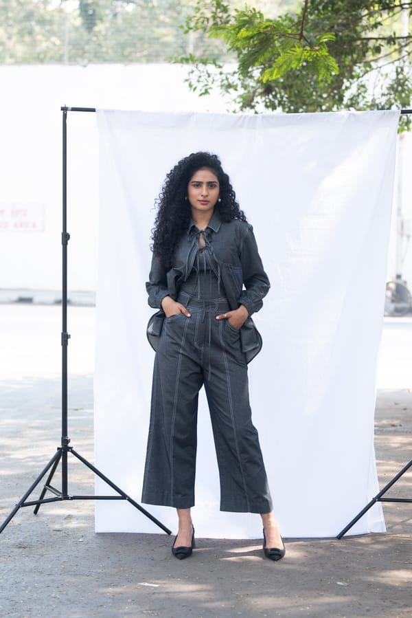 Grey 3-Piece Co-ord Set with Tie-Up Shirt and Wide-Leg Pants — Escape By Aishwarya