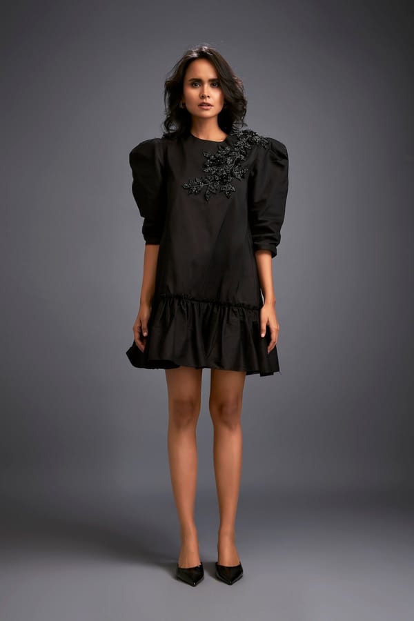 Puff-sleeve Dress With Swarovski Floral Applique — Deepika Arora